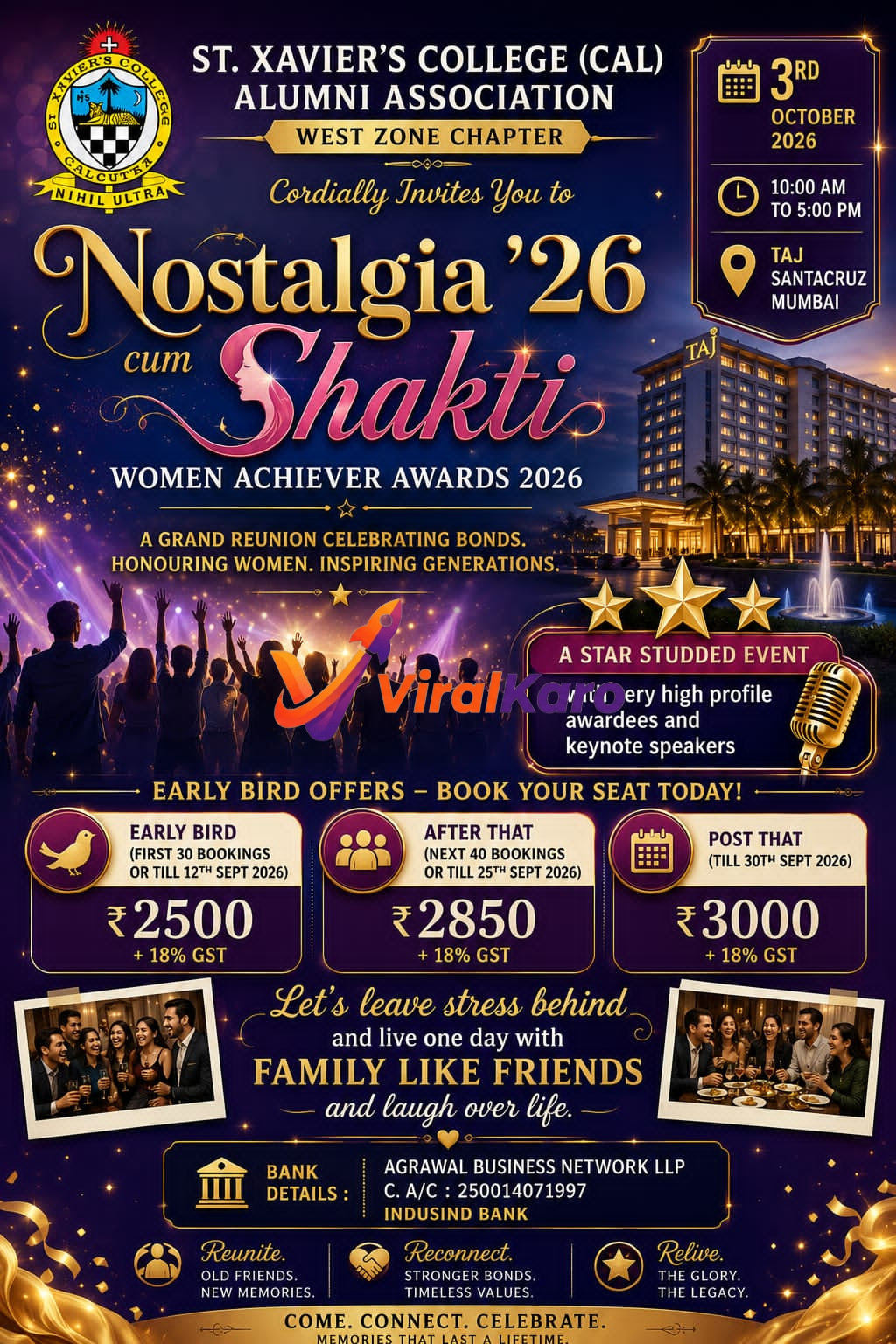 Event poster for St. Xavier's College Alumni Association's Nostalgia '26 cum Shakti reunion and awards at Taj Santacruz, Mumbai.