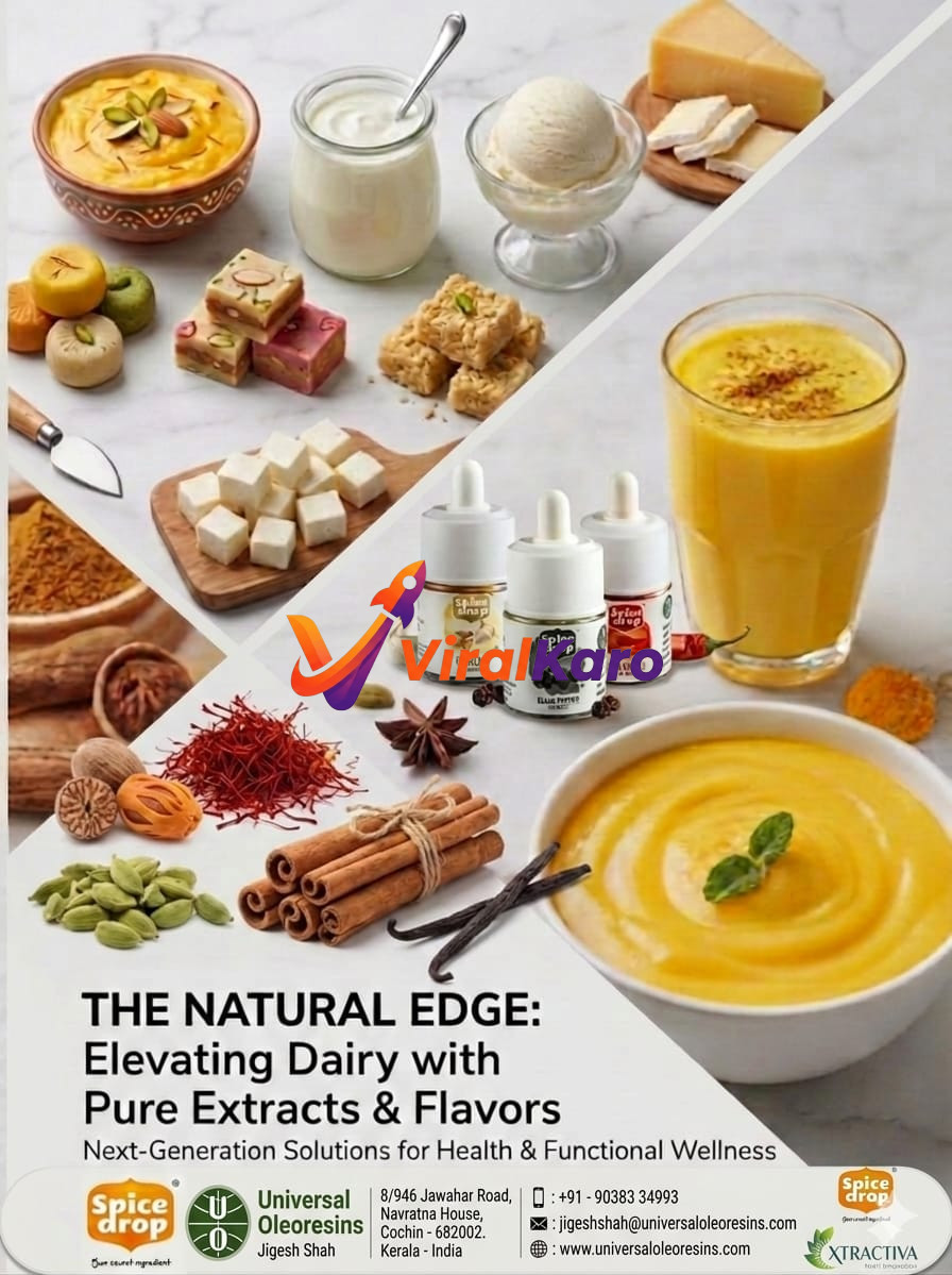 A vibrant collage showcasing diverse dairy products like lassi, paneer, yogurt, ice cream, traditional Indian sweets (mithai), and cheese, alongside an assortment of natural spices and three bottles of 'Spice Drop' pure extracts (Garlic, Black Pepper, Red Chilli). The image promotes Universal Oleoresins' innovative solutions for elevating dairy with natural flavors and extracts for health and wellness.