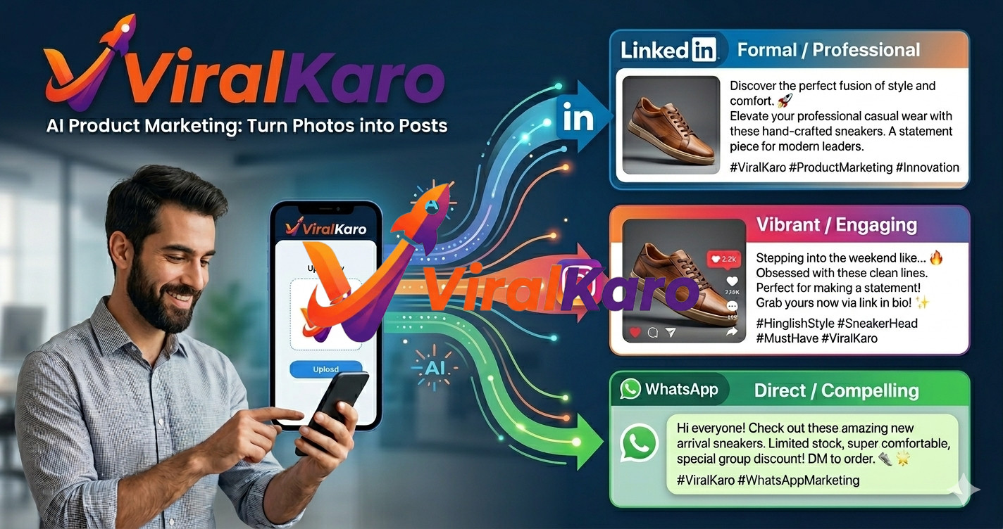 A smiling man using a smartphone with the ViralKaro app, demonstrating how the AI product marketing tool converts a product image of brown leather sneakers into tailored social media posts for LinkedIn, Instagram, and WhatsApp, complete with platform-specific captions and emojis.