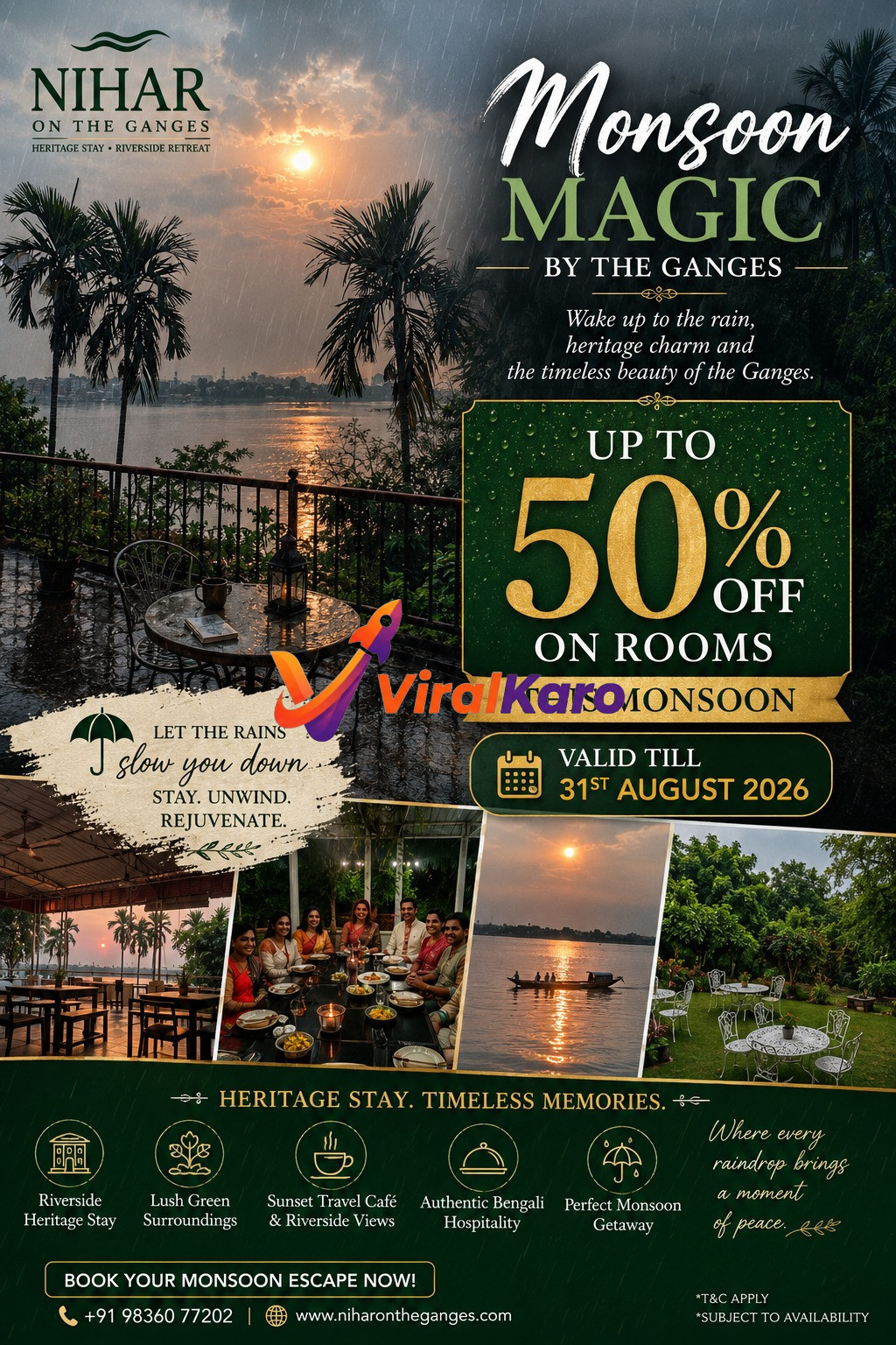 A beautiful promotional flyer for Nihar on the Ganges featuring a rainy sunset view over the river, images of a dining setup, and details about a 50% off monsoon stay discount.