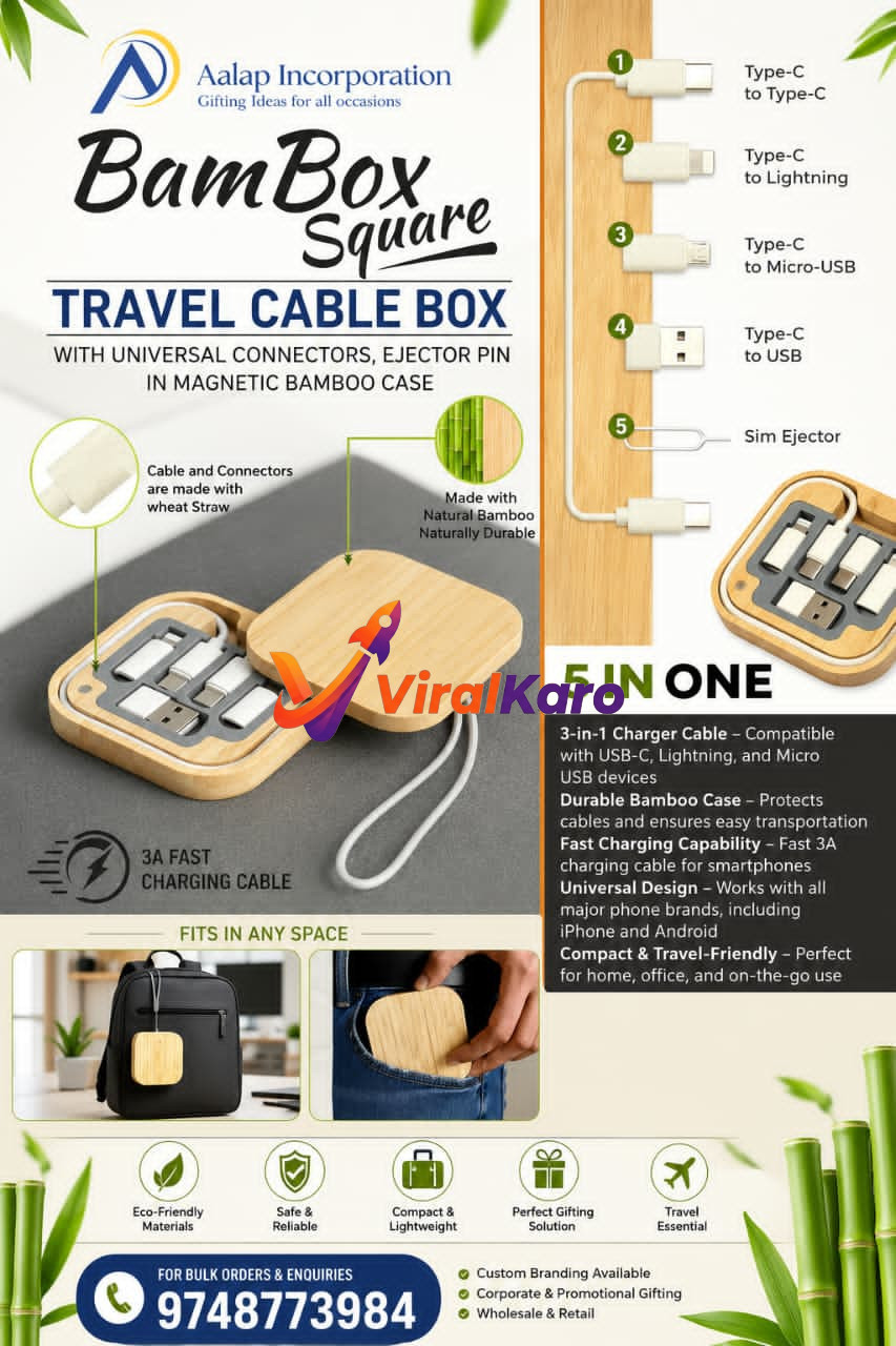 BamBox Square Travel Cable Box in a bamboo case, showing 5-in-1 charging connectors, fast charging capabilities, and portability for corporate gifting.