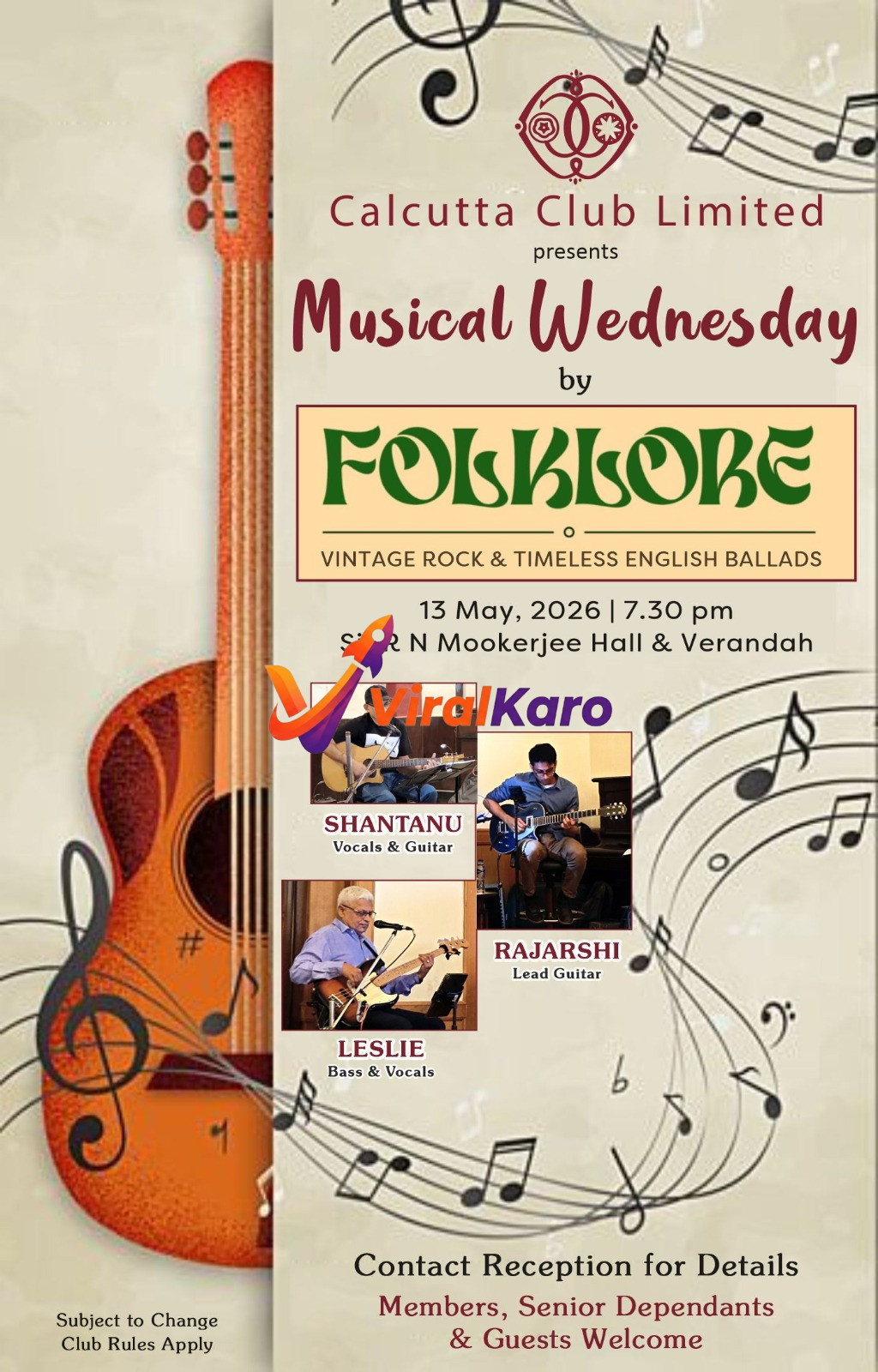 Event poster for 'Musical Wednesday' by Calcutta Club Limited, featuring a close-up illustration of an acoustic guitar on the left and event details on the right. The poster showcases 'Folklore' band, presenting 'Vintage Rock & Timeless English Ballads'. It lists performers Shantanu (Vocals & Guitar), Rajarshi (Lead Guitar), and Leslie (Bass & Vocals) with their small photos. Date: 13 May, 2026, 7:30 pm, at Sir R N Mookerjee Hall & Verandah. The background has musical notes. Text indicates 'Members, Senior Dependants & Guests Welcome'.