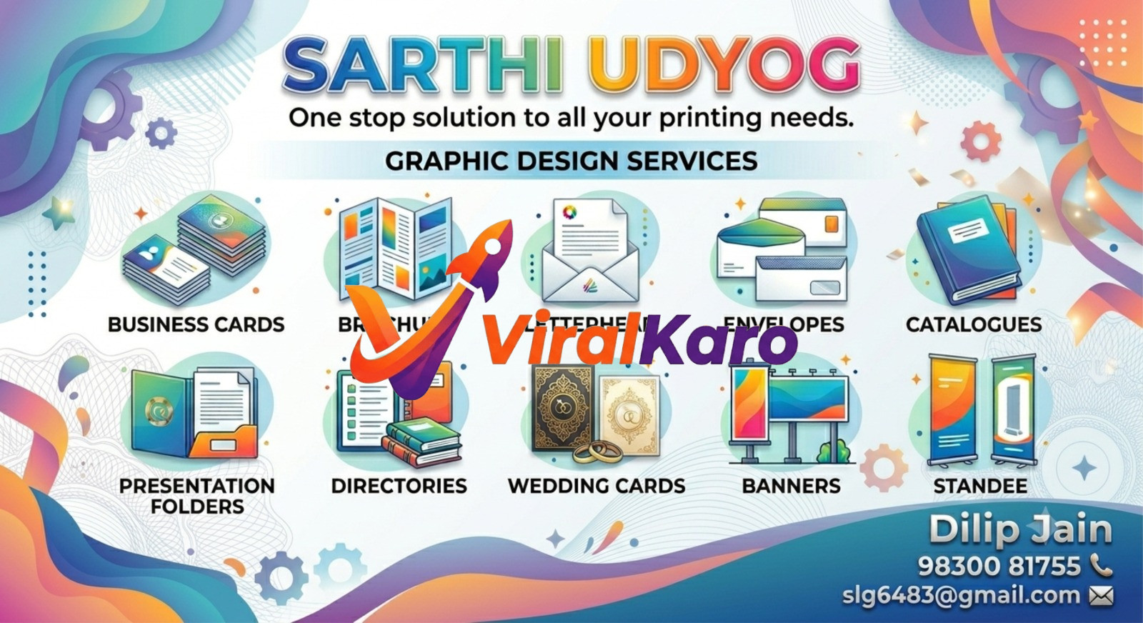 A professional graphic design and printing service advertisement by Sarthi Udyog, showcasing business cards, brochures, envelopes, catalogs, and banners.
