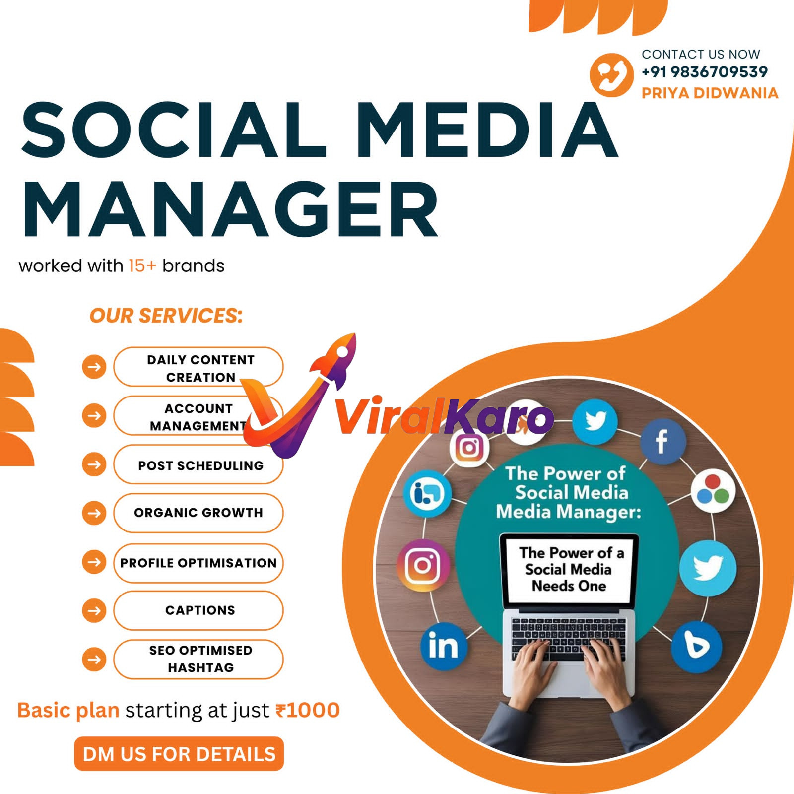 Social Media Manager advertisement by Priya Didwania showing various social media platform icons, a laptop, and a list of digital marketing services.