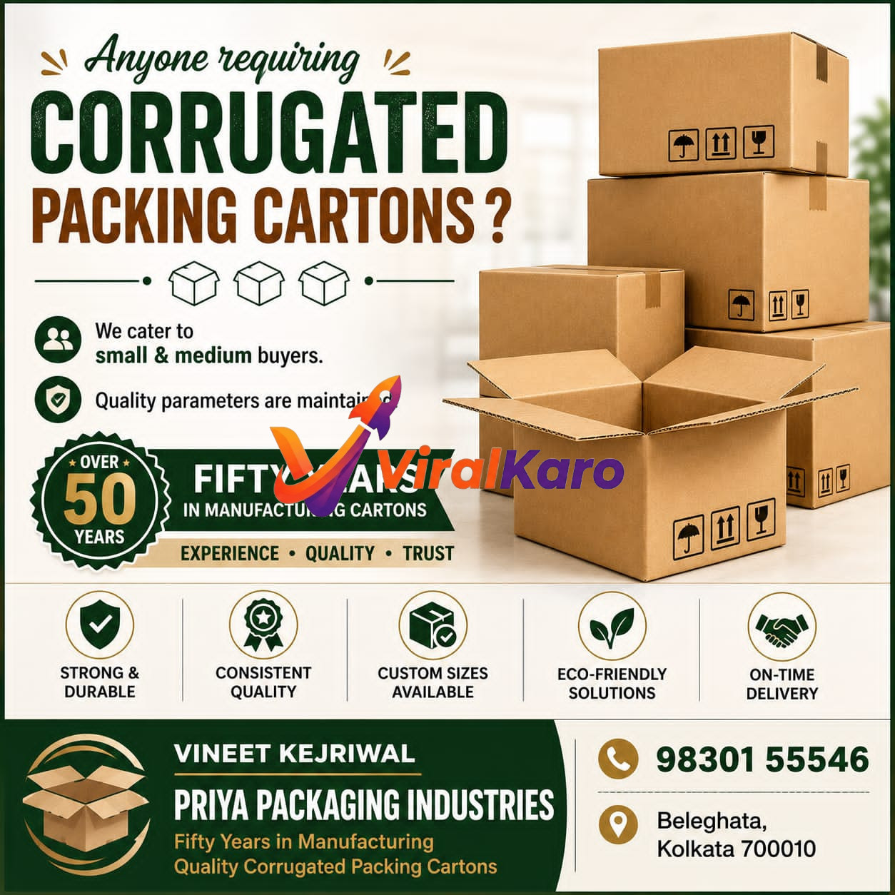 Stack of professional corrugated cardboard packing cartons by Priya Packaging Industries in Kolkata, featuring contact information for Vineet Kejriwal.
