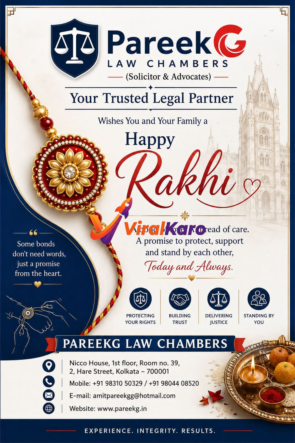 A festive Raksha Bandhan greeting card from PareekG Law Chambers in Kolkata featuring a traditional Rakhi, diya, and legal icons.