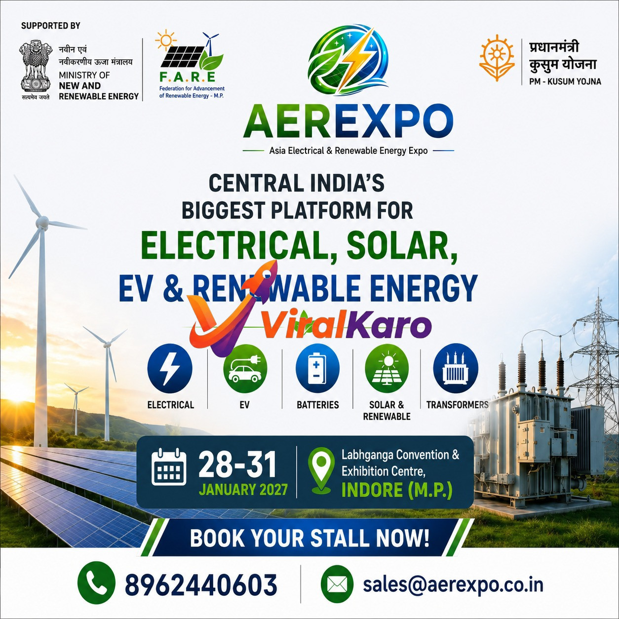 A promotional poster for AEREXPO 2027, showcasing electrical, solar, and EV energy solutions held at Labhganga Convention Centre, Indore.