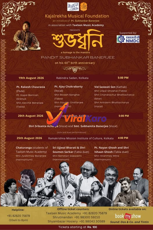 Event poster for Shubhadhwani, a musical tribute to Pt. Subhankar Banerjee featuring dates, venues in Kolkata, and performing artists.