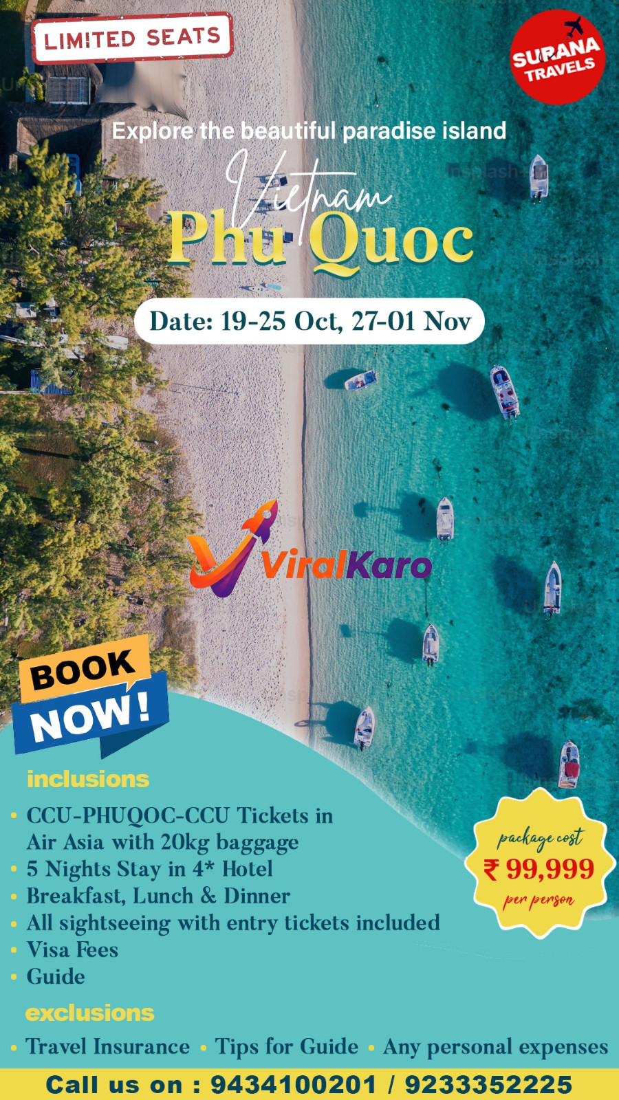 Aerial view of turquoise waters and boats in Phu Quoc, Vietnam, promoting a travel package by Surana Travels.