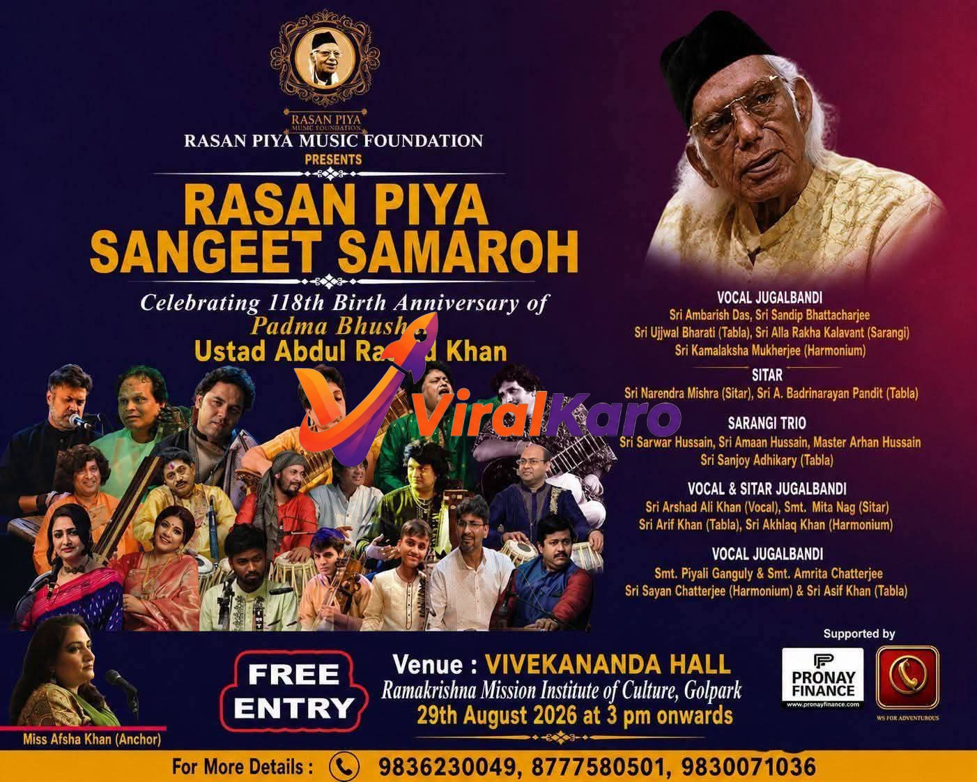 Event poster for Rasan Piya Sangeet Samaroh at Vivekananda Hall with names of classical musicians performing on 29th August 2026.