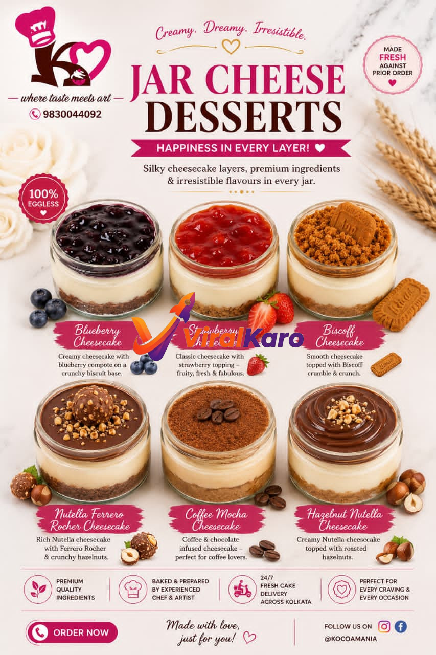 A selection of six different flavor jar cheesecakes from Koco Mania, including blueberry, strawberry, biscoff, and nutella ferrero rocher, displayed on a clean white background.