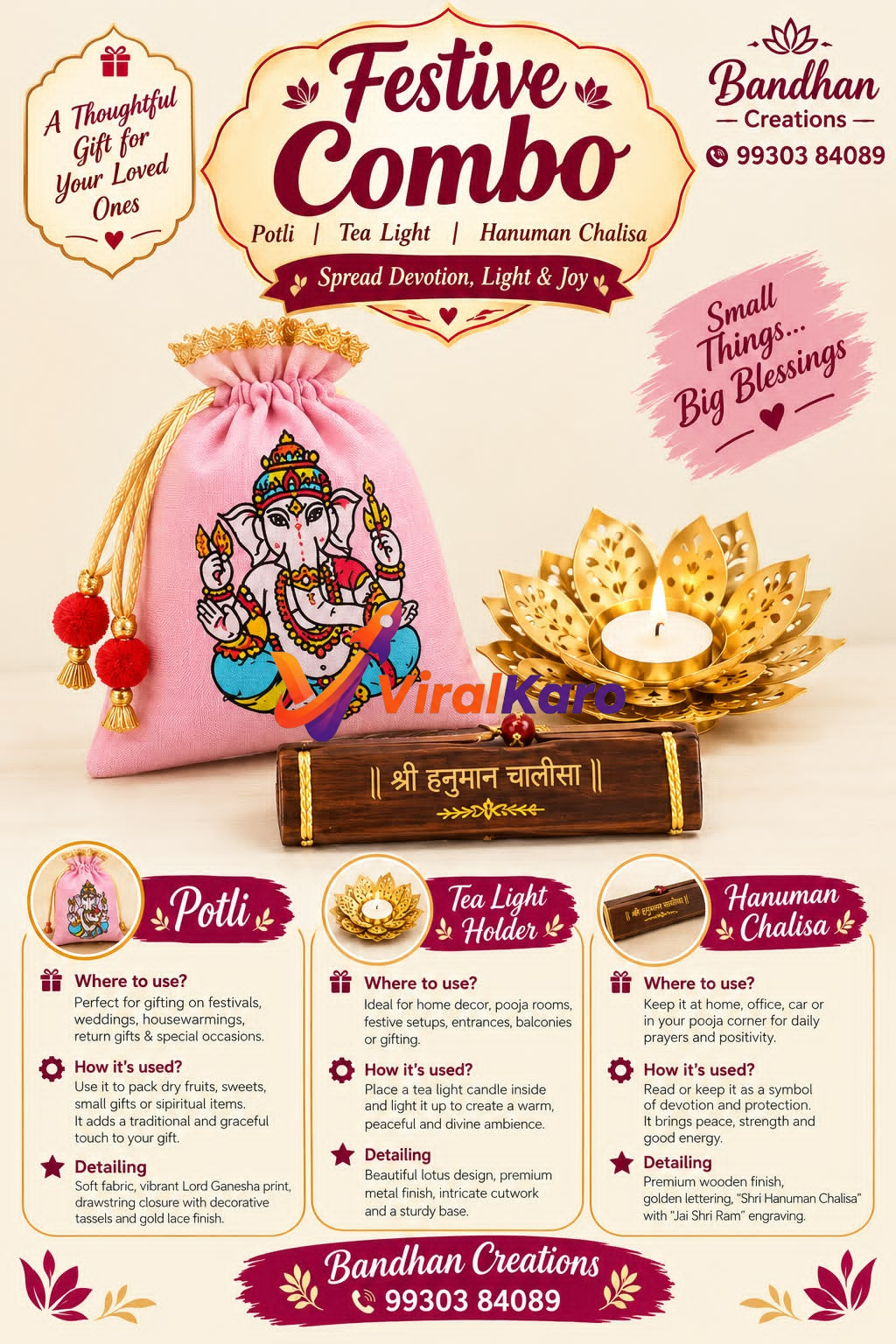 A festive gift combo set by Bandhan Creations including a pink Ganesha printed potli, a gold metallic lotus tea light candle holder, and a wooden Hanuman Chalisa placed on a table.