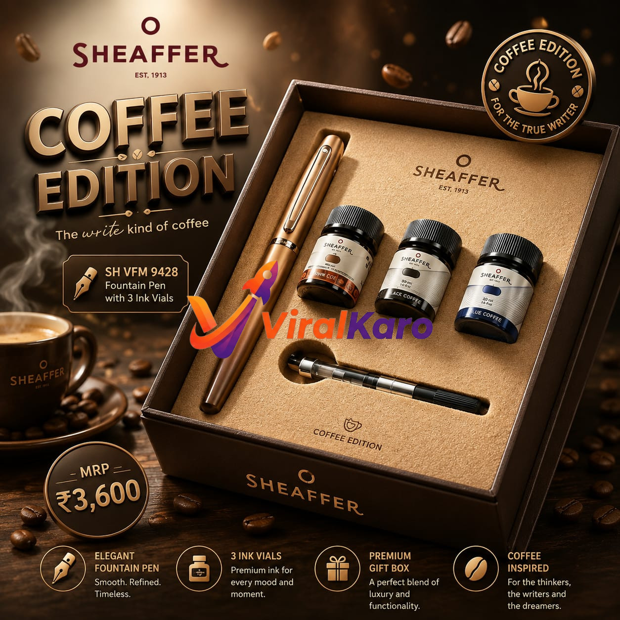 A premium Sheaffer Coffee Edition fountain pen set in a box, including a gold-tone pen, converter, and three bottles of ink labelled Brown, Black, and Blue Coffee, surrounded by coffee beans.