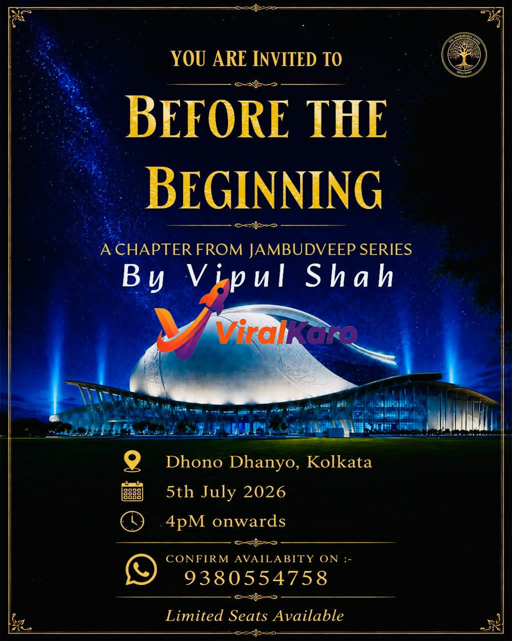 Event poster for Before the Beginning by Vipul Shah featuring the Dhono Dhanyo auditorium in Kolkata at night.
