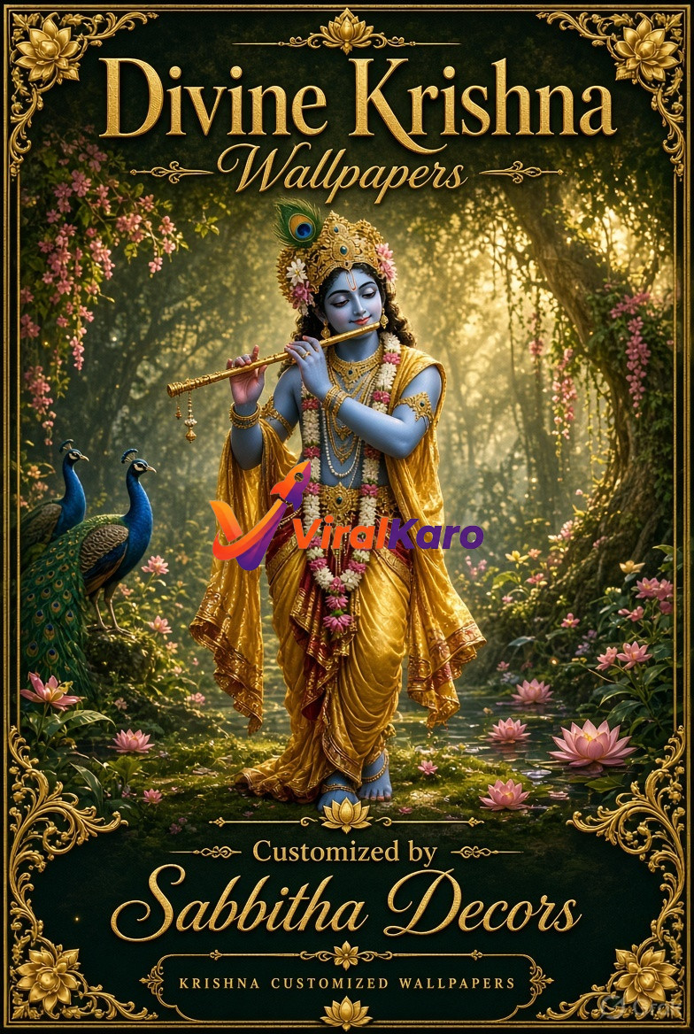 An artistic digital illustration of Lord Krishna playing the flute in a lush forest setting with peacocks, styled as a customized wall decor product by Sabbitha Decors.