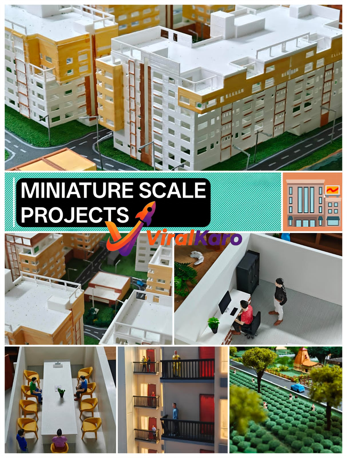 Close-up collage of architectural miniature scale models showing apartment exteriors, office interior meetings, and landscape planning.