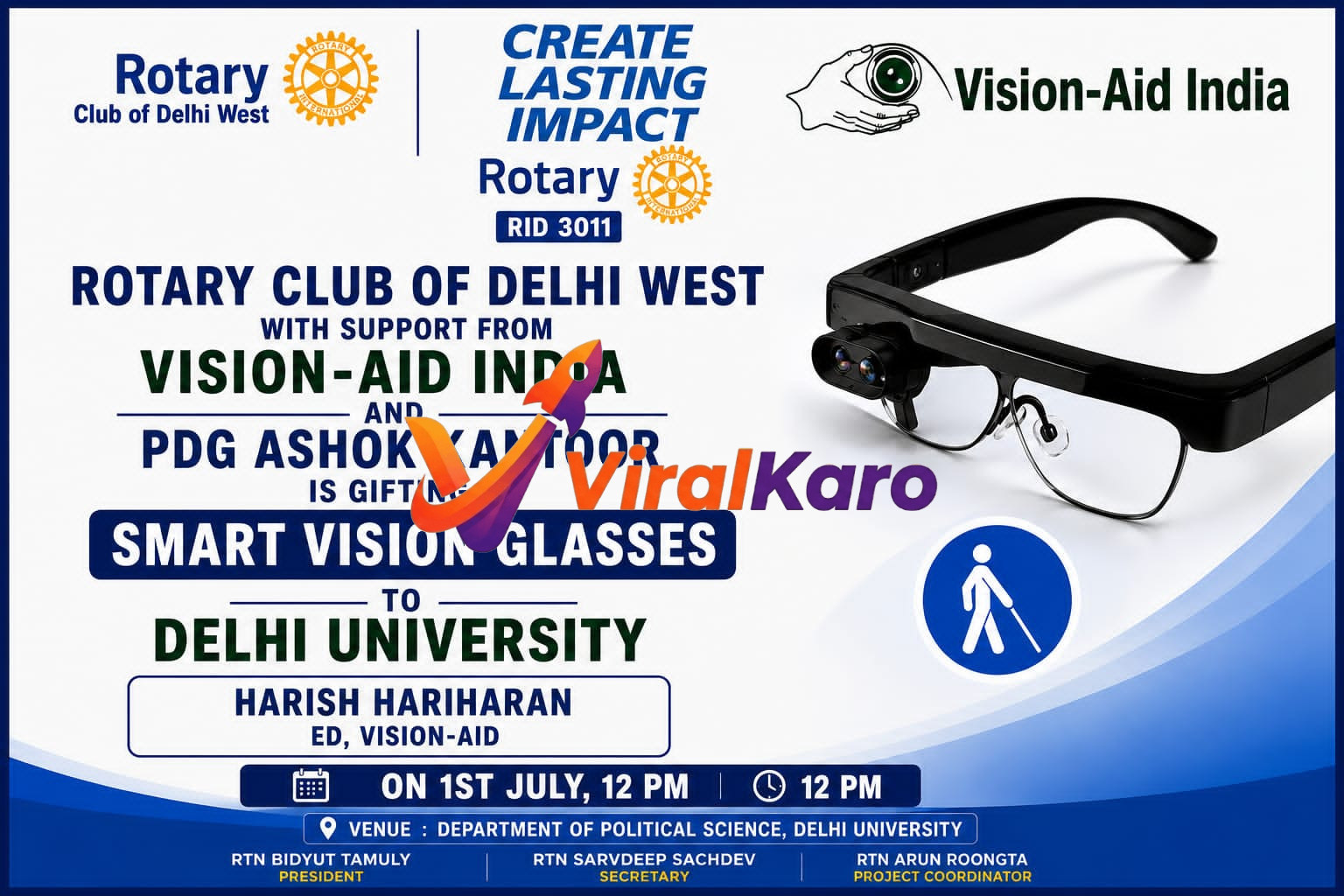 Digital poster for a Rotary Club of Delhi West event featuring Smart Vision Glasses to be donated to Delhi University on July 1st.