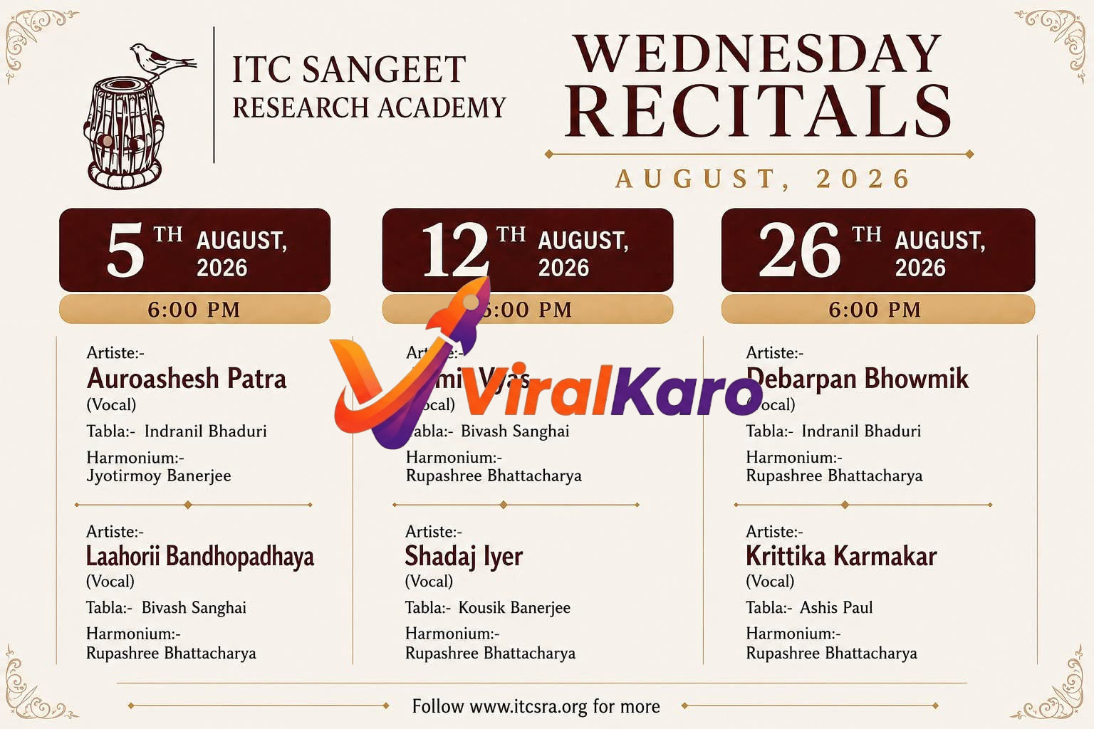 Event schedule poster for ITC Sangeet Research Academy Wednesday Recitals in August 2026, listing vocalists and accompanists for August 5, 12, and 26.