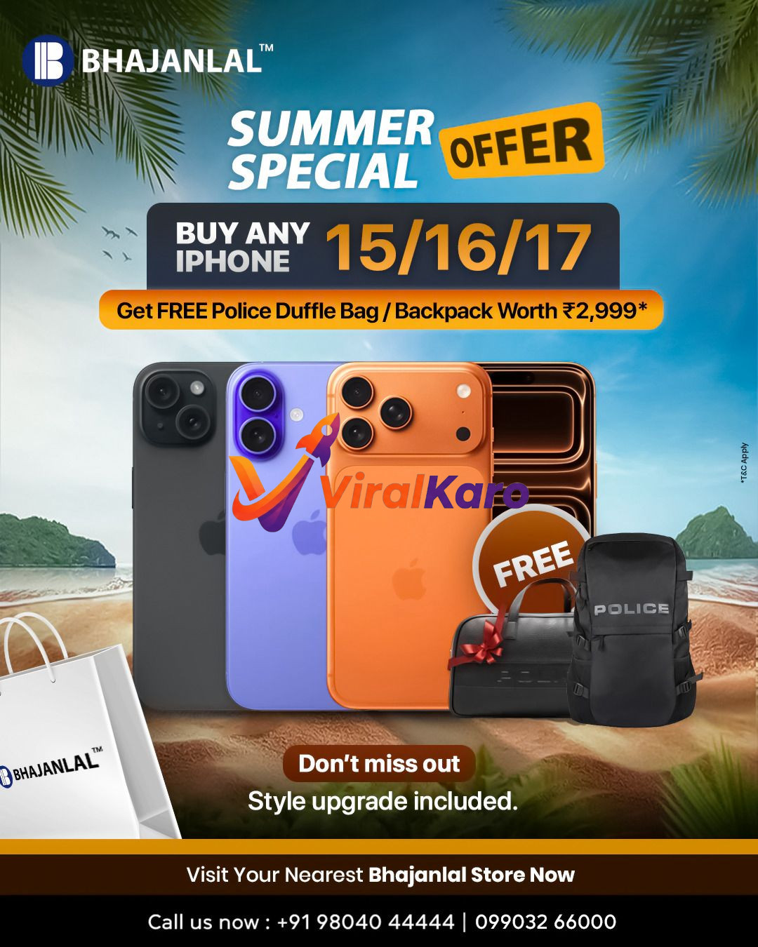 An advertisement for Bhajanlal's Summer Special Offer featuring three iPhones (black, purple, and orange) on a beach background. A white Bhajanlal shopping bag, a black Police duffle bag, and a black Police backpack are also visible, highlighting the free gift worth ₹2999 with the purchase of any iPhone. The ad includes contact numbers and a call to action to visit the store, valid on 15th, 16th, and 17th.