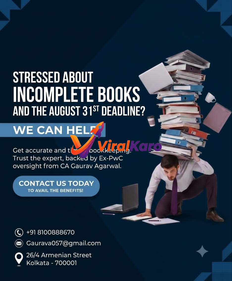 A man crouched under a massive pile of office files and documents, representing the stress of incomplete bookkeeping, with a text overlay about CA services.