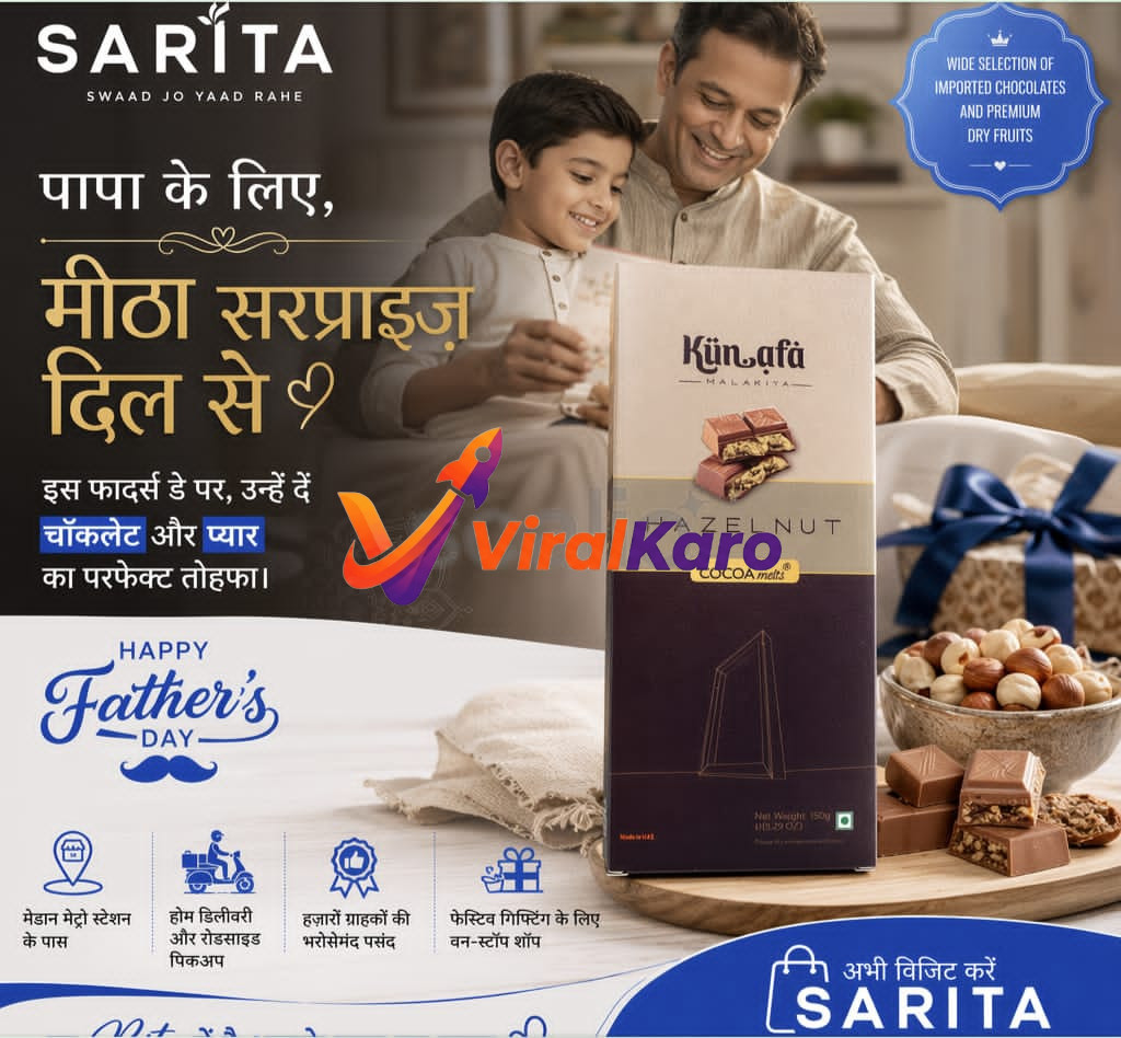 A promotional poster for Sarita offering premium chocolates and dry fruits for Father's Day, located near Maidan Metro Station.