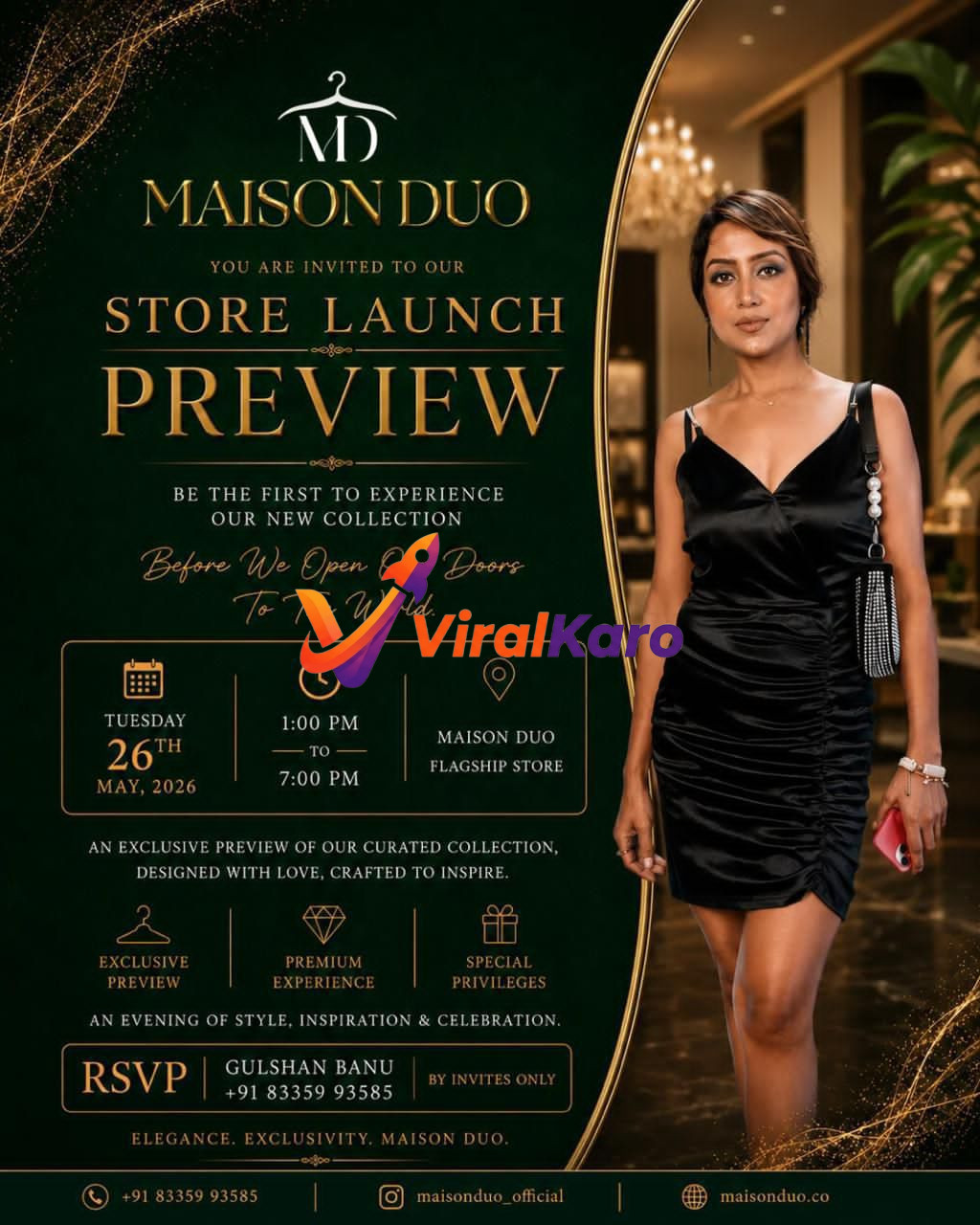 A stylish woman in a black dress stands beside a dark green and gold invitation for the Maison Duo Store Launch Preview. The invitation details an exclusive collection event on May 26, 2026, from 1 PM to 7 PM, at the Maison Duo Flagship Store, featuring luxury fashion, premium experiences, and special privileges. The woman holds a red phone and a pearl-handle purse, embodying elegance and sophistication.