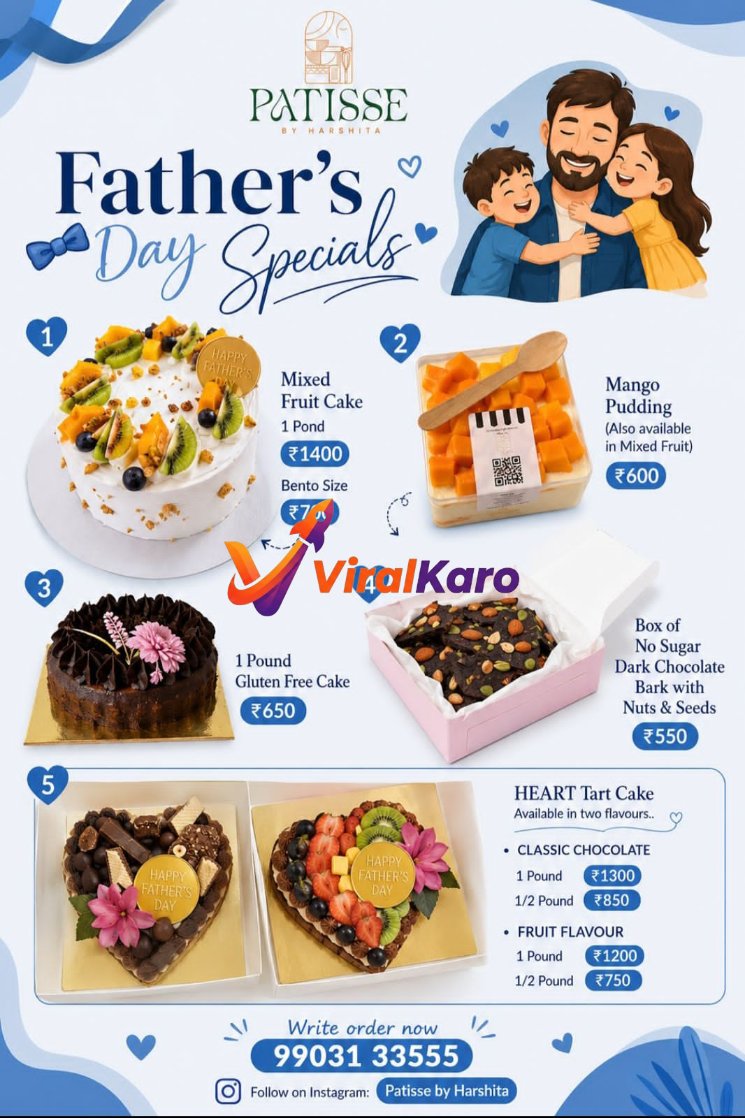 A variety of Father's Day special cakes, mango pudding, and chocolates from Patisse by Harshita, including heart-shaped tart cakes and gluten-free options.