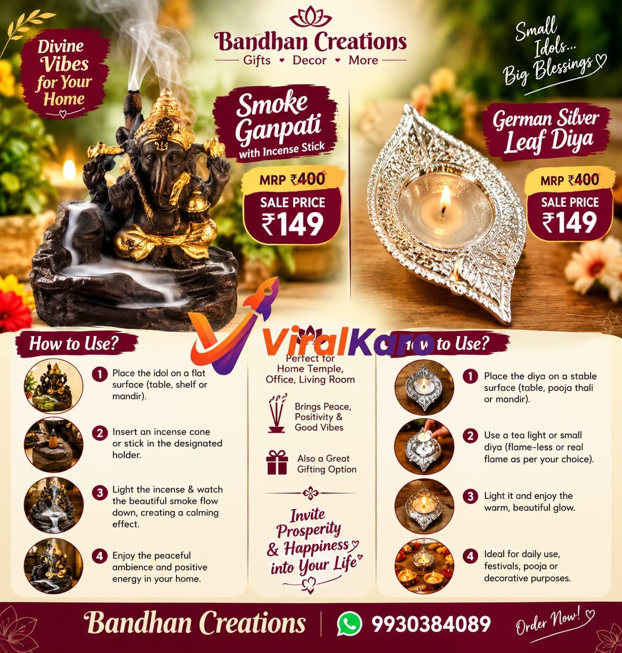 Decorative Smoke Ganpati incense holder and German Silver Leaf Diya on sale for 149 rupees by Bandhan Creations.