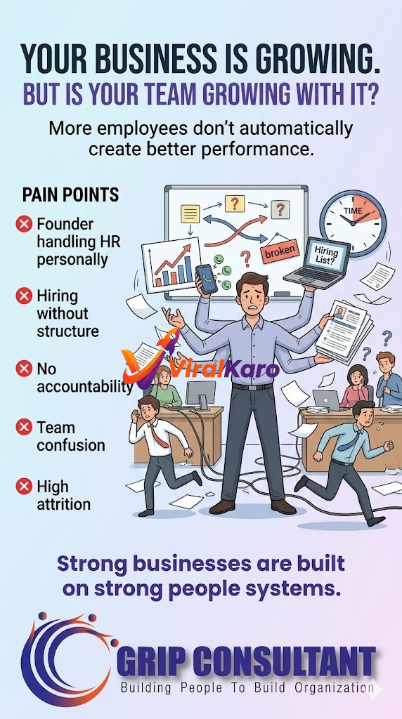 An illustration depicting a stressed multi-armed business owner trying to manage numerous tasks like phone calls, laptops, and resumes amidst a chaotic office environment with other employees running around. The image highlights pain points such as founder handling HR personally, hiring without structure, no accountability, team confusion, and high attrition. It promotes Grip Consultant with the tagline 'Building People To Build Organization', offering solutions for effective people systems in growing businesses.