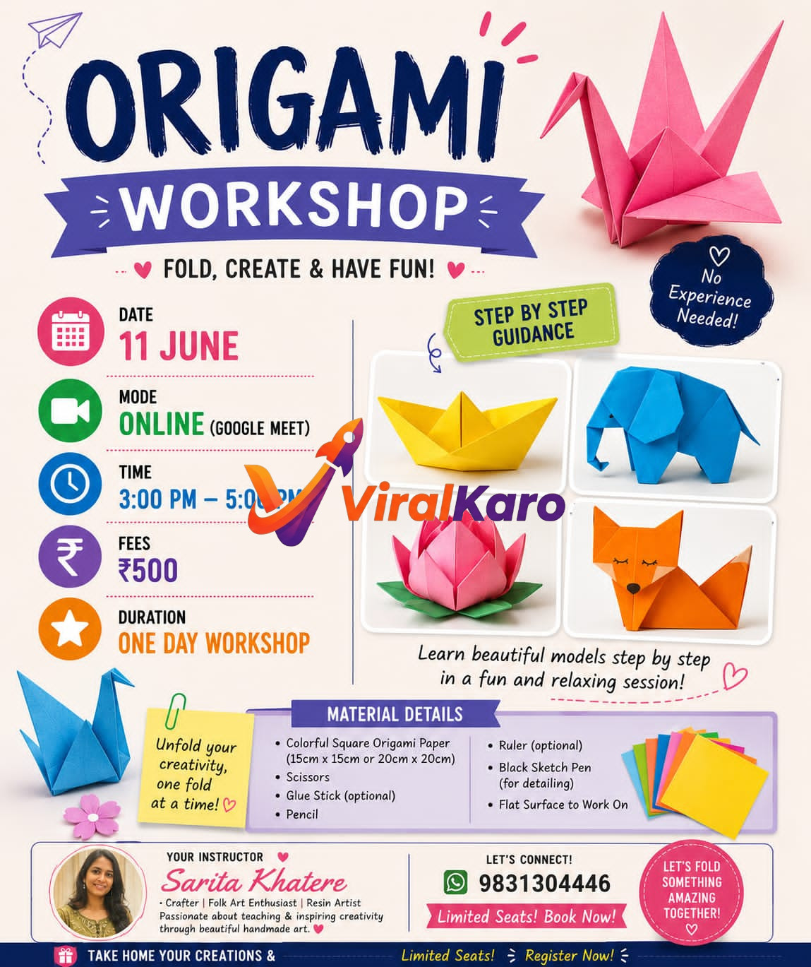 Flyer for an online Origami Workshop hosted by Sarita Khatere on June 11th, featuring images of paper birds, flowers, and animals.