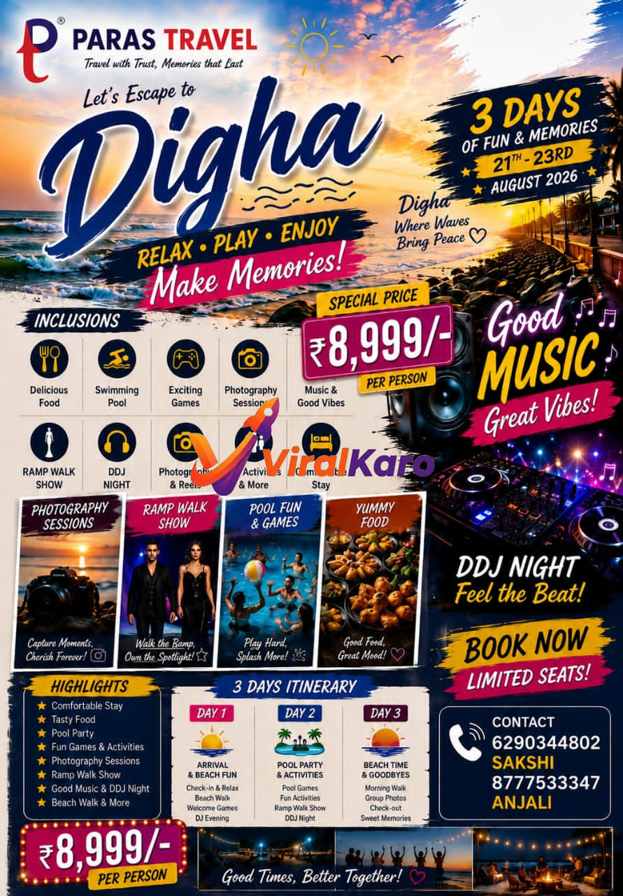 Promotional flyer for a 3-day group tour to Digha, West Bengal by Paras Travel featuring beach imagery, DJ music, and event inclusions.