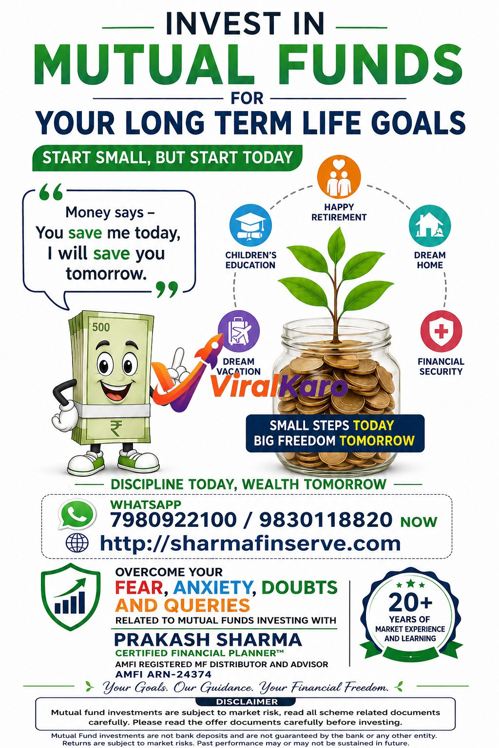 An informative infographic by Prakash Sharma on the benefits of investing in mutual funds for long-term goals like retirement and children's education.