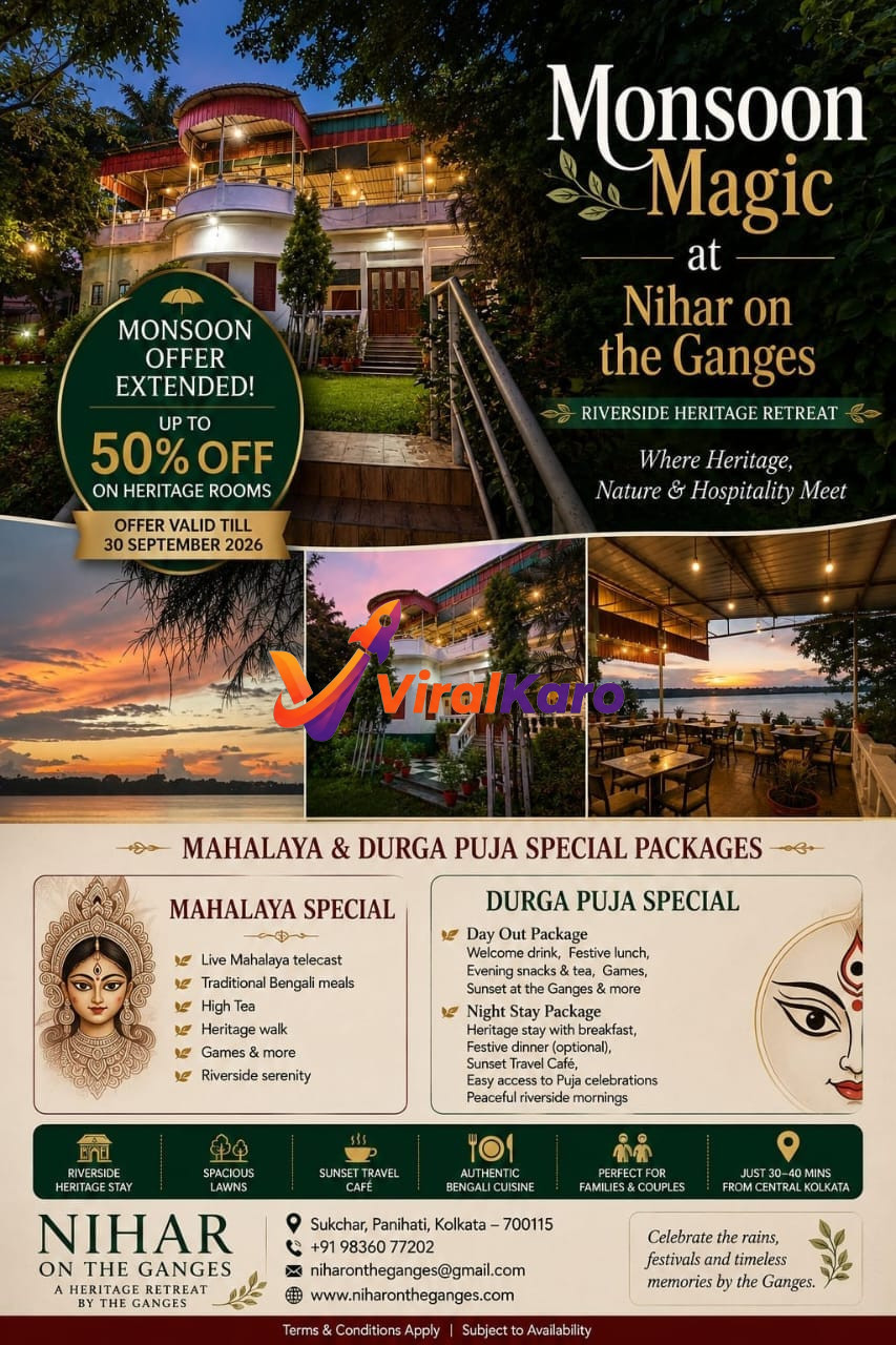 Nihar on the Ganges heritage retreat featuring festive Durga Puja packages and monsoon offers by the river.