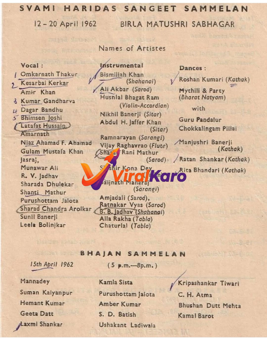 A vintage printed document listing the legendary Indian classical artistes and performers for the 1962 Swami Haridas Sangeet Sammelan held at Birla Matushri Sabhagar.