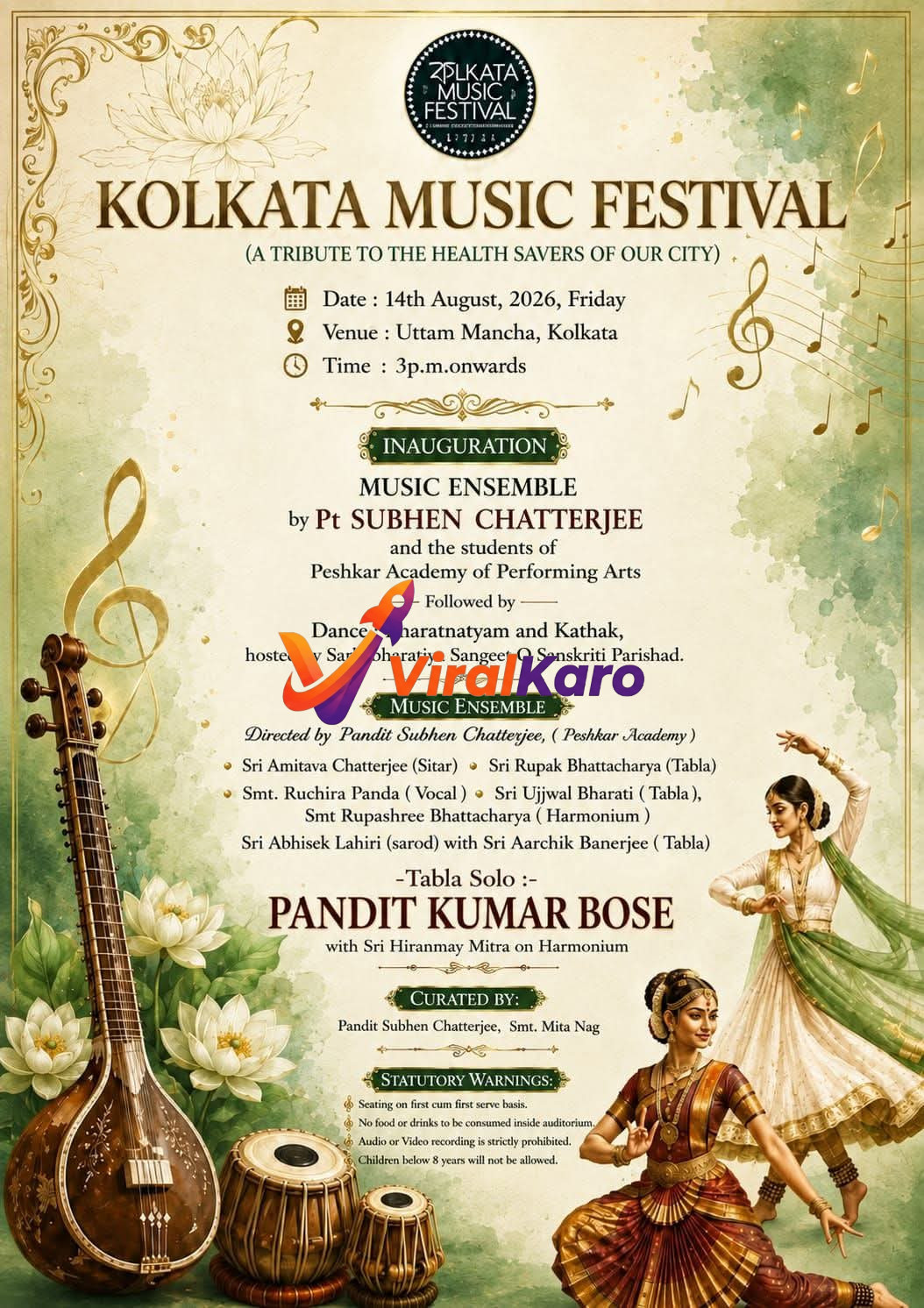 Event poster for Kolkata Music Festival featuring classical instruments like tanpura and tabla with silhouettes of dancers, held at Uttam Mancha.