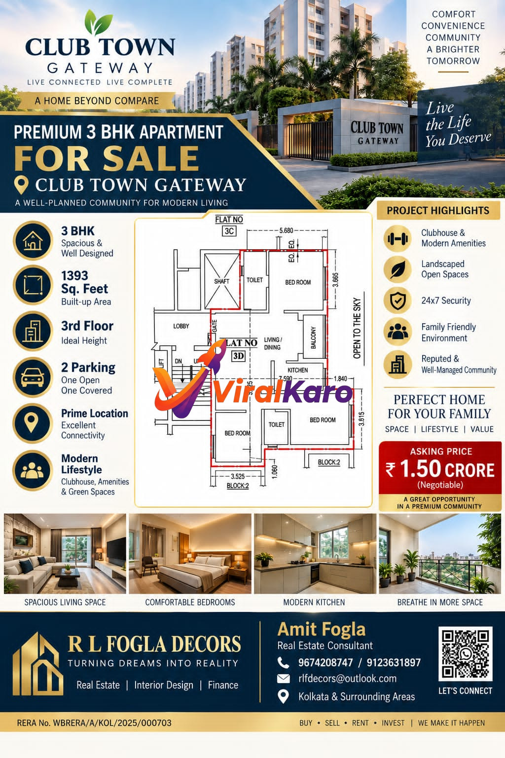 A real estate advertisement for a 3 BHK apartment at Club Town Gateway, showing floor plans, interior room photos, and agent contact details.