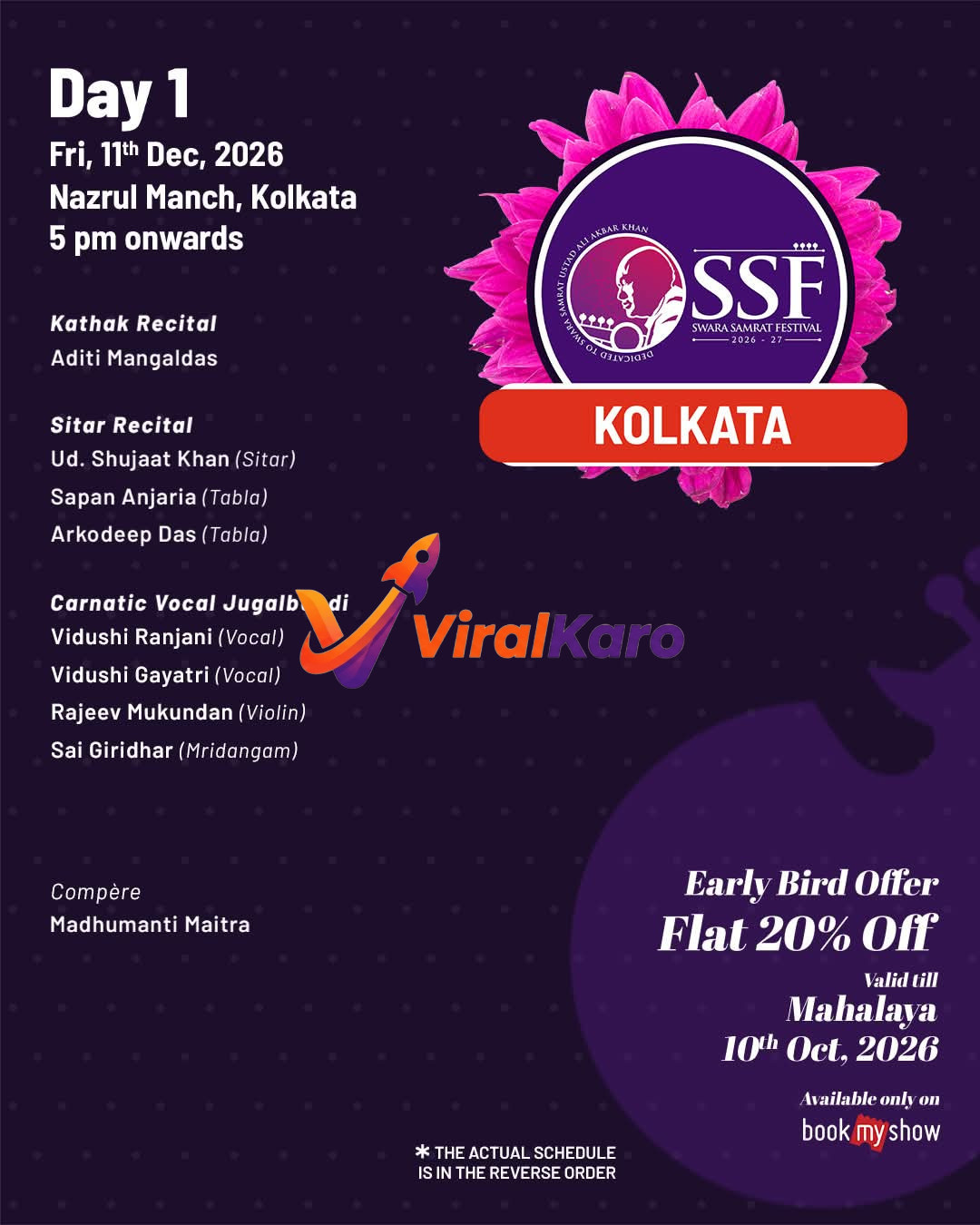 Swara Samrat Festival 2026 event poster featuring a list of classical artists, venue details for Nazrul Manch, Kolkata, and early bird ticket information.