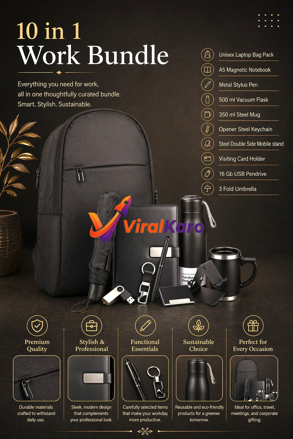 A sleek, black 10-in-1 Work Bundle on a dark background. It features a laptop backpack, A5 notebook, stylus pen, vacuum flask, steel mug, keychain, mobile stand, card holder, USB drive, and a 3-fold umbrella. All items are black, highlighting professionalism and functionality.