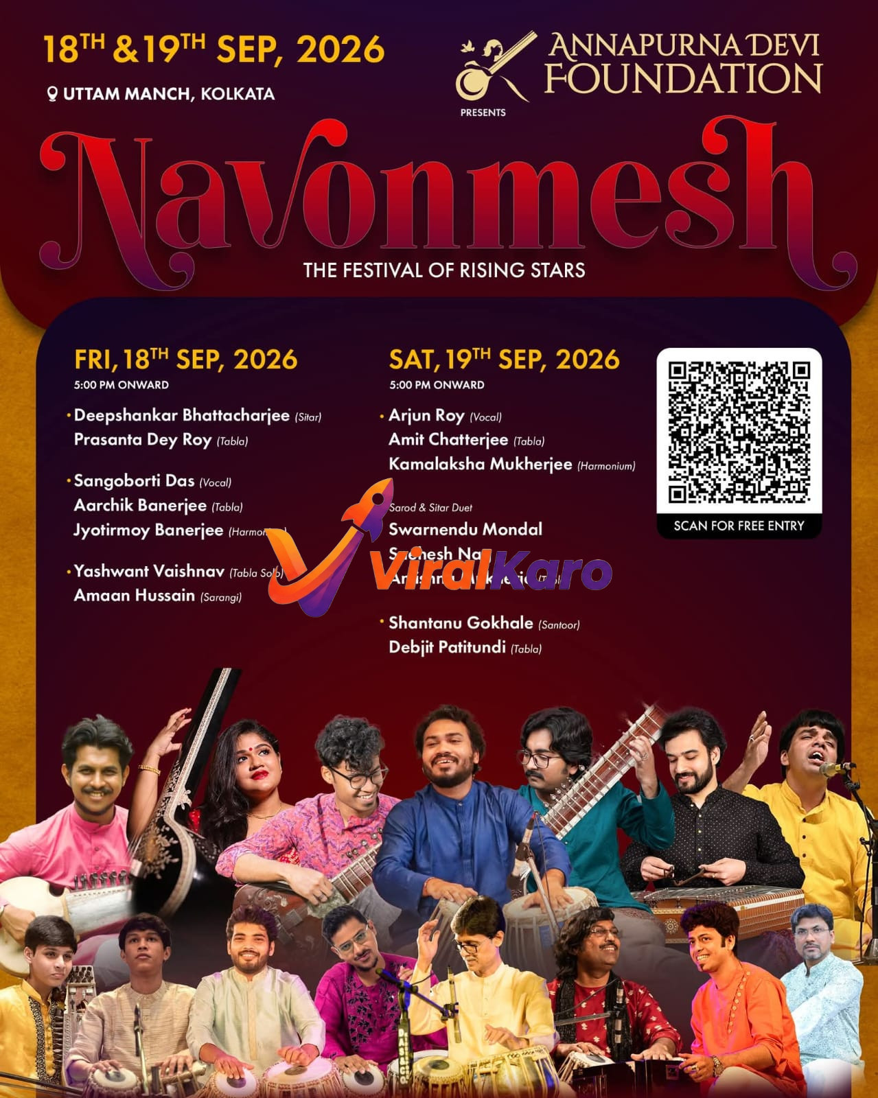 Event poster for Navonmesh, a classical music festival by Annapurna Devi Foundation at Uttam Manch, Kolkata, listing performers and dates for September 2026.