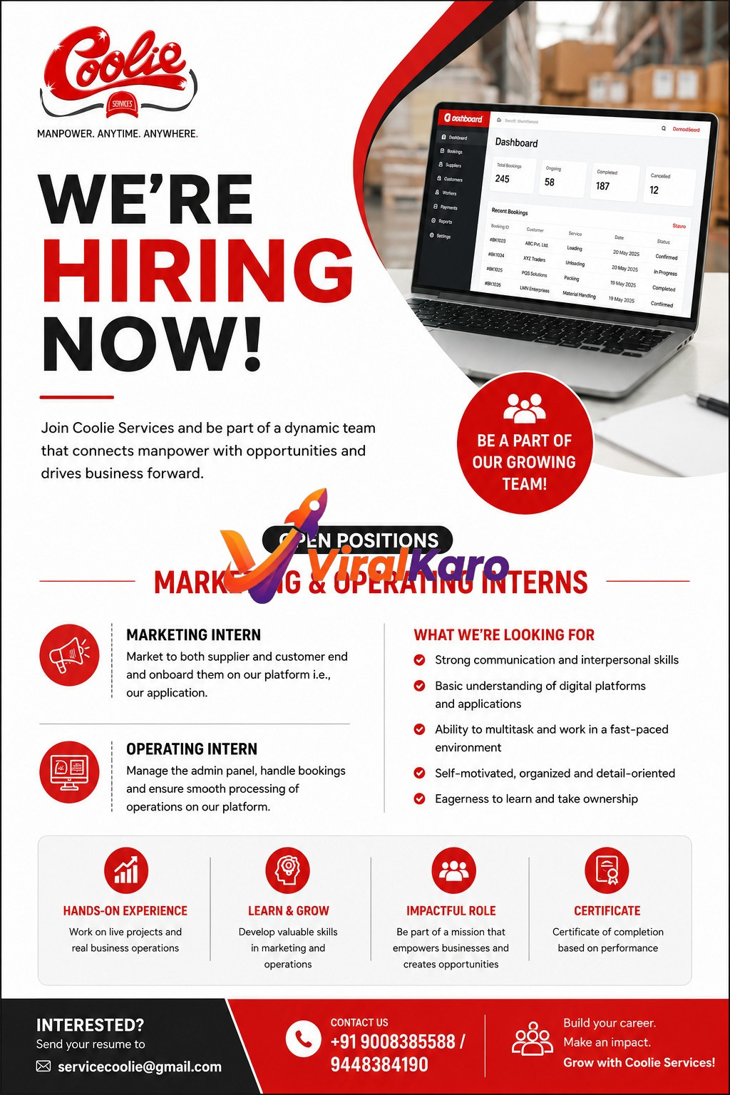 Coolie Services hiring flyer showing job openings for Marketing and Operating interns with contact details and benefits.