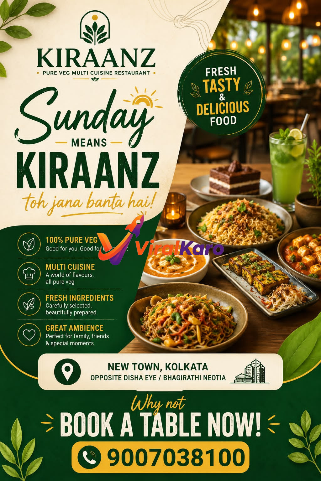 A promotional advertisement for Kiraanz pure veg multi-cuisine restaurant in New Town, Kolkata, featuring a table spread of various dishes, refreshing drinks, and restaurant location details.