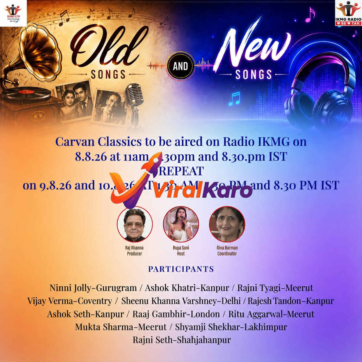 Promotional graphic for Radio IKMG Carvan Classics radio show featuring a gramophone and modern headphones with event details.
