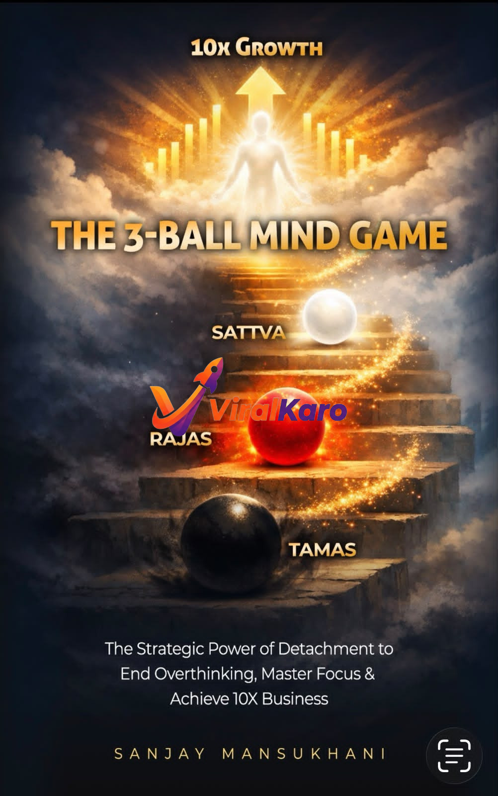 Educational graphic titled The 3-Ball Mind Game showing three spheres labeled Sattva, Rajas, and Tamas on a staircase leading to a glowing figure, symbolizing business growth.