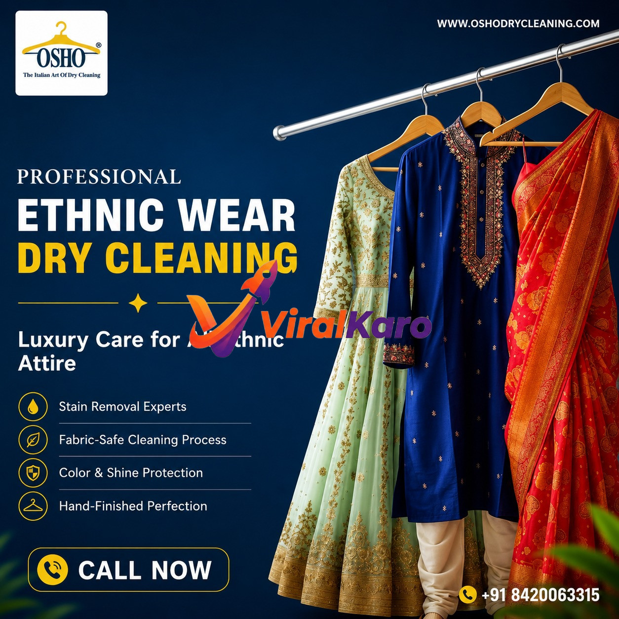 A promotional banner for Osho Dry Cleaning showing ethnic wear like a green lehenga, blue kurta, and red saree hanging on a rack against a dark blue background.