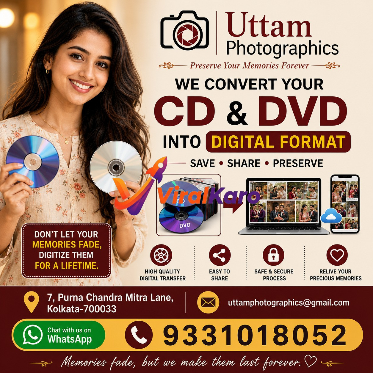 A woman holding CDs with an advertisement for Uttam Photographics, offering CD and DVD to digital format conversion services in Kolkata.