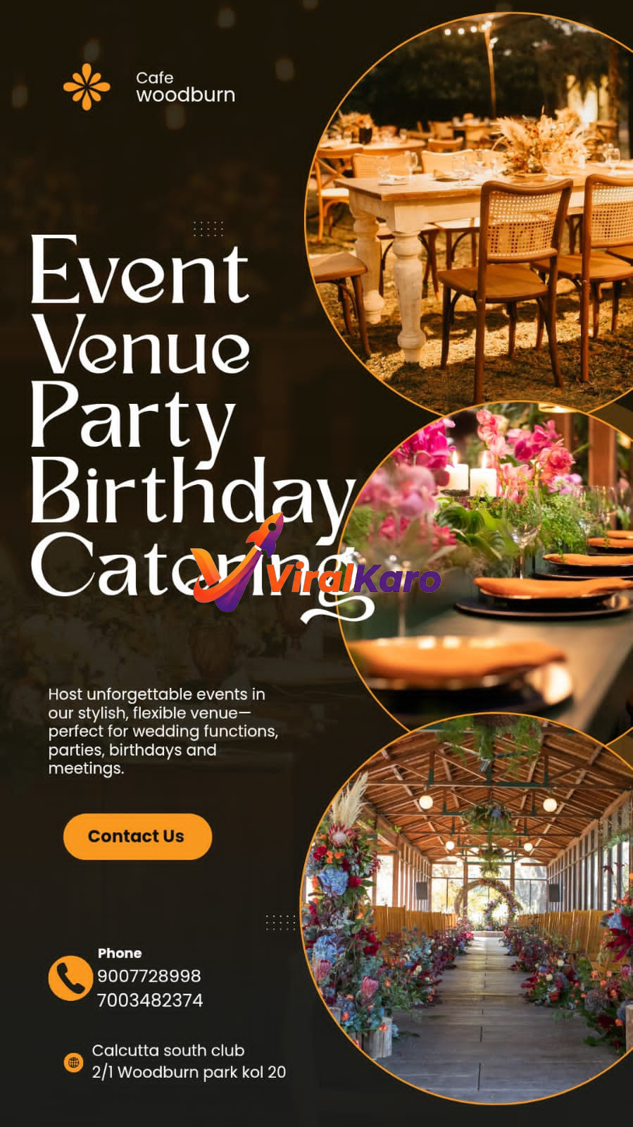 Cafe Woodburn event venue showcase featuring elegant table setups and a beautifully decorated event hall at Calcutta South Club.
