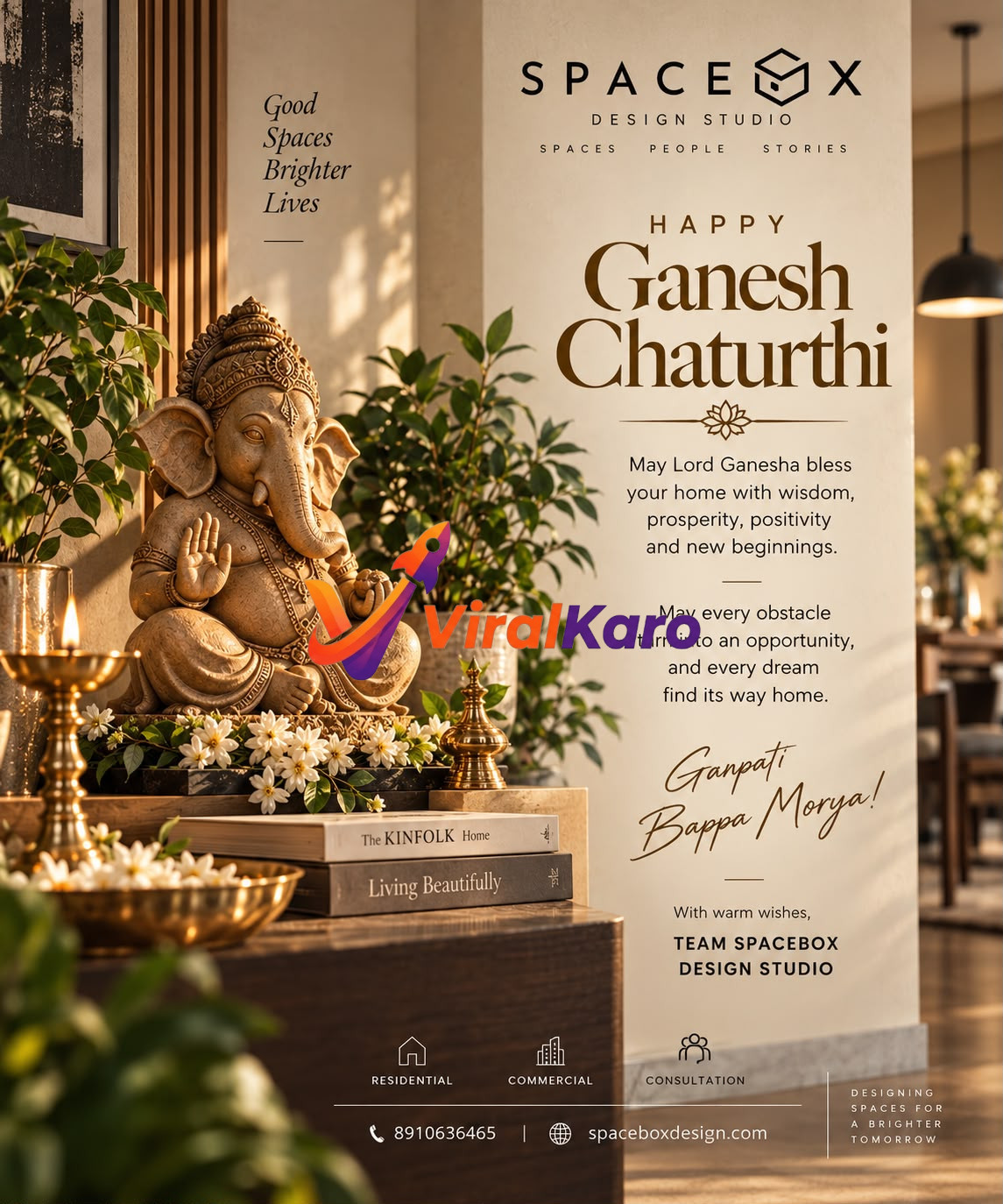 A beautiful Ganesh Chaturthi greeting card featuring an idol of Lord Ganesha, decorative flowers, and oil lamps, designed by Spacebox Design Studio.