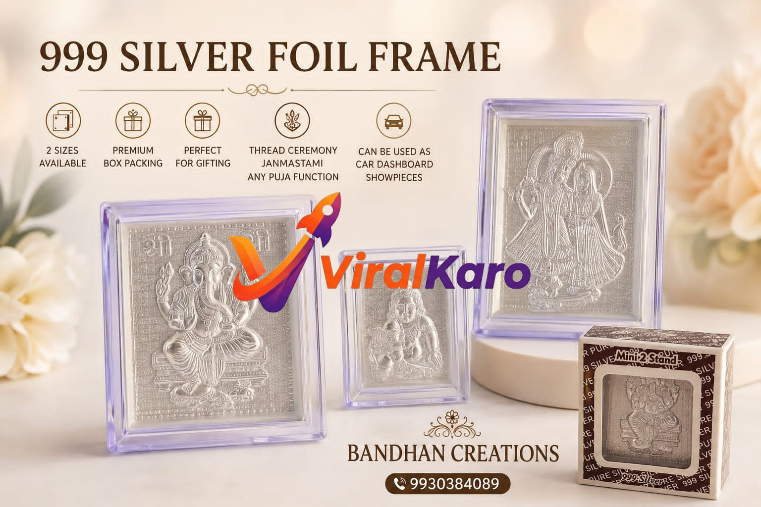 Three different 999 Silver Foil Frames featuring Hindu deities, displayed with a gift box and product icons by Bandhan Creations.