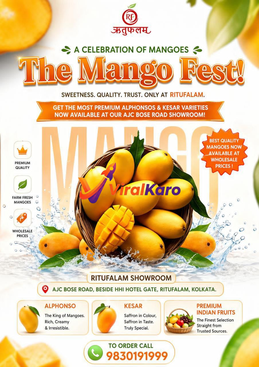 An inviting advertisement for 'The Mango Fest!' by Ritufalam, featuring a wicker basket overflowing with bright yellow, ripe Alphonso and Kesar mangoes, one mango cut open to reveal its juicy orange flesh, surrounded by splashing water and green mango leaves. The ad promotes premium quality, farm-fresh mangoes available at wholesale prices at Ritufalam's AJC Bose Road showroom in Kolkata, with a call to action phone number.