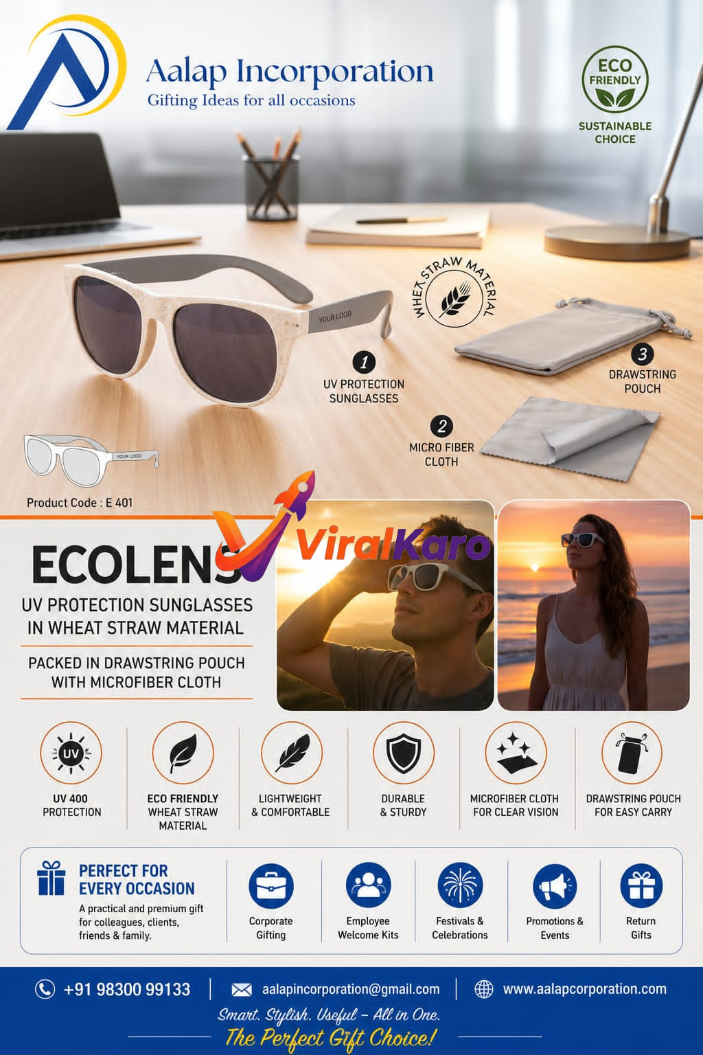 Product display of ECOLENS wheat straw UV protection sunglasses with a drawstring pouch and microfiber cloth for corporate gifting.
